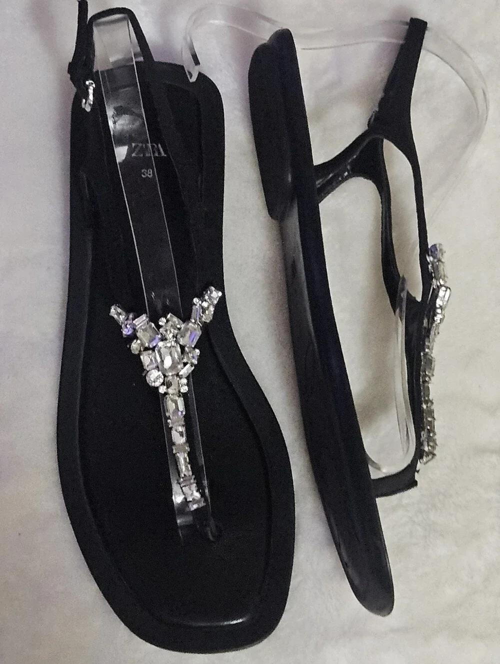 Zara Black Embellished T-Strap Size 38 / 8 Sandals EUC